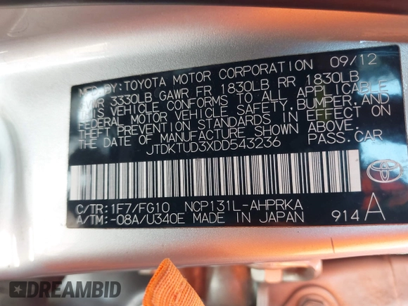 2013 Toyota Yaris L with VIN JTDKTUD3XDD543236, listed as a IAAI auction lot 42084719 with Not Provided miles. Bid and sale history available at carsss.com. Image 9.
