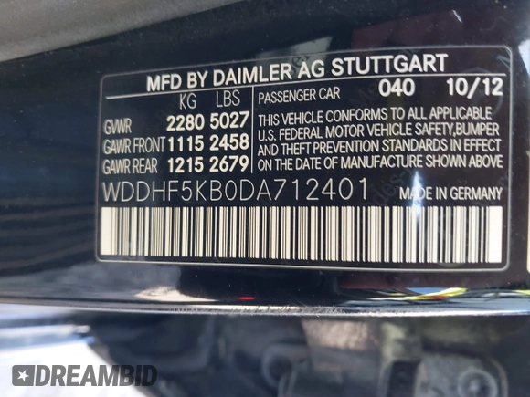 2013 Mercedes-Benz E 350 Luxury with VIN WDDHF5KB0DA712401, listed as a IAAI auction lot 41791069 with 158,609 mi miles and . Bid and sale history available at DreamBid. Image 9.