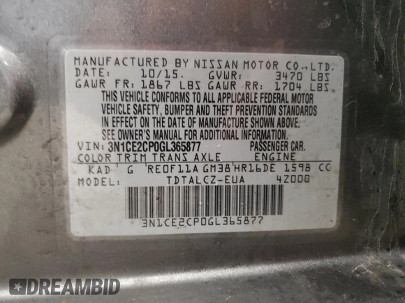 2016 Nissan Note S Plus with VIN 3N1CE2CP0GL365877, listed as a Copart auction lot 53405165 with 101,549 mi miles and Clean Title. Bid and sale history available at DreamBid. Image 12.