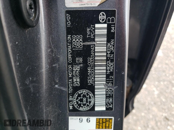 2008 Toyota Prius with VIN JTDKB20U783334943, listed as a Copart auction lot 89248495 with 409,697 mi miles and Clean Title. Bid and sale history available at DreamBid. Image 12.