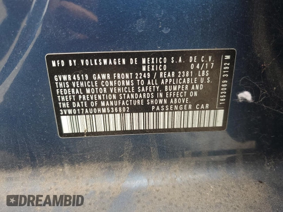 2017 Volkswagen Golf S z VIN 3VW017AU0HM536802, wystawiony jako Copart lot #49988965 z przebiegiem 51 602 mil mil oraz Szkoda całkowita • Salvage title. Historia ofert i sprzedaży dostępna na DreamBid. Obrazek 12.
