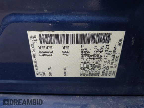 2017 Nissan Maxima SV with VIN 1N4AA6AP7HC373021, listed as a IAAI auction lot 41693920 with 154,730 mi miles and . Bid and sale history available at DreamBid. Image 9.