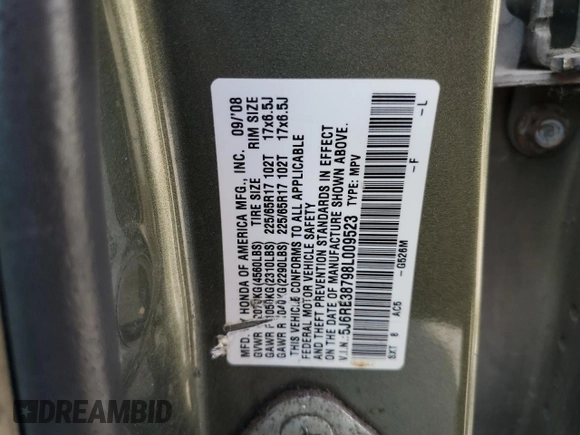 2008 Honda CR-V EX-L z VIN 5J6RE38798L009523, wystawiony jako Copart lot #54817715 z przebiegiem 263 842 mil mil oraz Nie do naprawy • Non repairable. Historia ofert i sprzedaży dostępna na DreamBid. Obrazek 13.