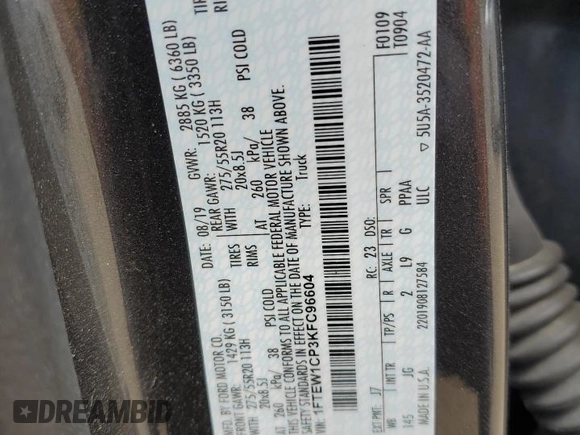 2019 Ford F-150 XL with VIN 1FTEW1CP3KFC96604, listed as a Copart auction lot 56730795 with 140,908 mi miles and Salvage title. Bid and sale history available at DreamBid. Image 12.