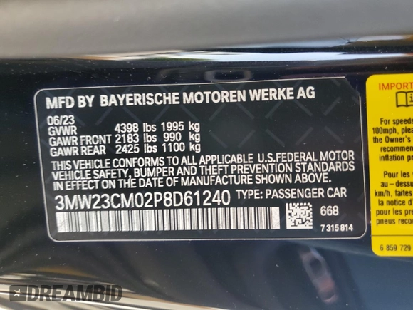 2023 BMW 2 Series 230i with VIN 3MW23CM02P8D61240, listed as a Copart auction lot 72055294 with 11,755 mi miles and Salvage Title. Bid and sale history available at carsss.com. Image 12.