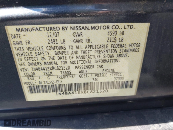 2008 Nissan Maxima SE with VIN 1N4BA41EX8C821520, listed as a IAAI auction lot 42395712 with 99,785 mi miles and . Bid and sale history available at DreamBid. Image 9.