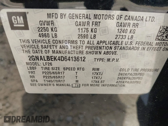 2013 Chevrolet Equinox LS with VIN 2GNALBEK4D6413612, listed as a IAAI auction lot 42120130 with 120,365 mi miles and . Bid and sale history available at DreamBid. Image 9.