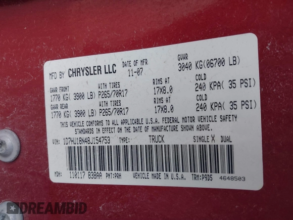 2008 Dodge 1500 with VIN 1D7HU18N48J154753, listed as a IAAI auction lot 41756808 with 166,020 mi miles and . Bid and sale history available at DreamBid. Image 9.