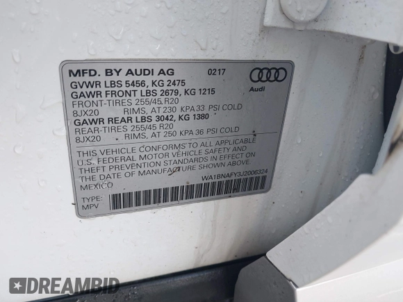 2018 Audi Q5 Premium Plus with VIN WA1BNAFY3J2006324, listed as a IAAI auction lot 41099767 with 52,332 mi miles. Bid and sale history available at carsss.com. Image 9.