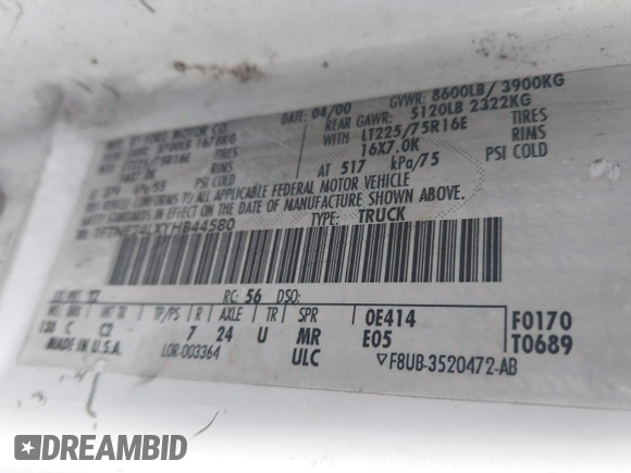 2000 Ford Econoline Cargo with VIN 1FTNE24LXYHB44580, listed as a IAAI auction lot 41906191 with 244,342 mi miles and . Bid and sale history available at DreamBid. Image 9.