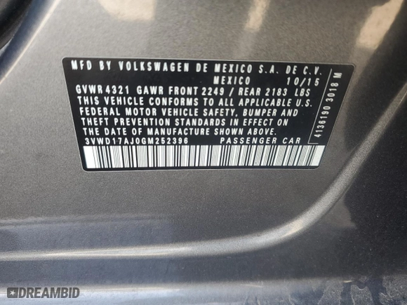 2016 Volkswagen Jetta Sedan 1.8T Sport with VIN 3VWD17AJ0GM252396, listed as a Copart auction lot 43767955 with 172,081 mi miles and Salvage Title. Bid and sale history available at carsss.com. Image 14.