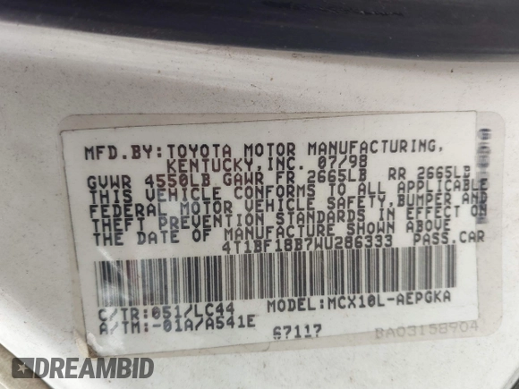 1998 Toyota Avalon XL with VIN 4T1BF18B7WU286333, listed as a IAAI auction lot 41736612 with 227,948 mi miles and . Bid and sale history available at DreamBid. Image 9.