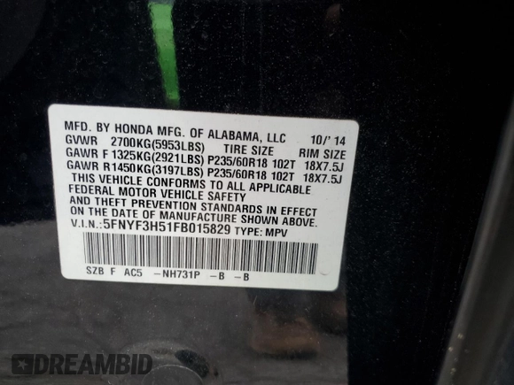 2015 Honda Pilot EX-L z VIN 5FNYF3H51FB015829, wystawiony jako Copart lot #53104015 z przebiegiem 114 122 mil mil oraz Szkoda całkowita • Salvage title. Historia ofert i sprzedaży dostępna na DreamBid. Obrazek 13.