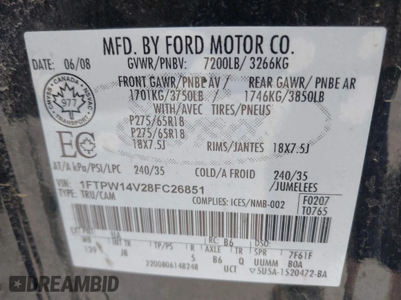 2008 Ford F-150 XLT with VIN 1FTPW14V28FC26851, listed as a IAAI auction lot 42055576 with 156,119 mi miles. Bid and sale history available at carsss.com. Image 9.