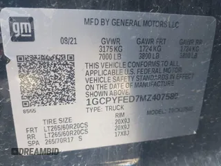 2021 Chevrolet Silverado 1500 LT Trail Boss with VIN 1GCPYFED7MZ407580, listed as a IAAI auction lot 42078081 with 64,299 mi miles and . Bid and sale history available at DreamBid. Image 9.