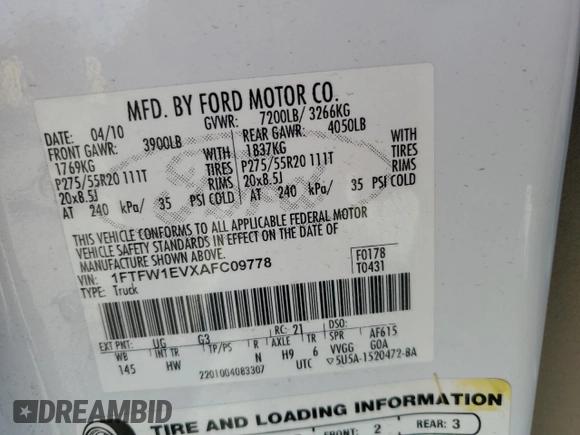 2010 Ford F-150 XL with VIN 1FTFW1EVXAFC09778, listed as a Copart auction lot 53793085 with 234,053 mi miles and Salvage title. Bid and sale history available at DreamBid. Image 12.