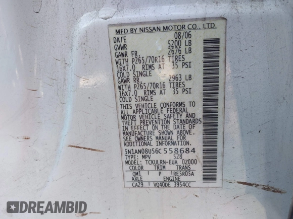 2006 Nissan Xterra SE with VIN 5N1AN08U56C558684, listed as a IAAI auction lot 41415208 with 135,971 mi miles and . Bid and sale history available at DreamBid. Image 9.