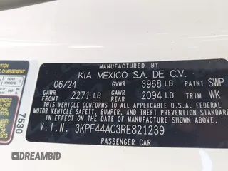 2024 Kia Forte GT with VIN 3KPF44AC3RE821239, listed as a IAAI auction lot 42025884 with 6,593 mi miles and . Bid and sale history available at DreamBid. Image 9.