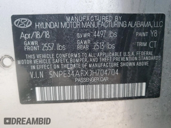 2018 Hyundai Sonata SEL with VIN 5NPE34AFXJH704704, listed as a Copart auction lot 48059695 with 79,754 mi miles and Salvage Title. Bid and sale history available at DreamBid. Image 13.