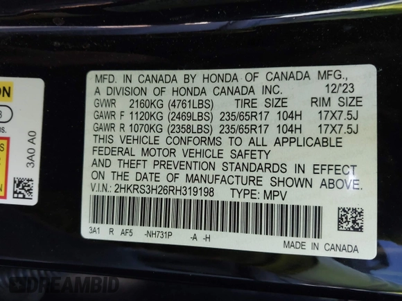 2024 Honda CR-V LX with VIN 2HKRS3H26RH319198, listed as a IAAI auction lot 41334302 with 16,594 mi miles and . Bid and sale history available at DreamBid. Image 9.