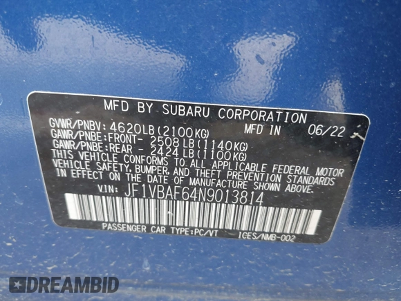 2022 Subaru WRX Premium with VIN JF1VBAF64N9013814, listed as a IAAI auction lot 42452692 with 28,081 mi miles and . Bid and sale history available at DreamBid. Image 9.
