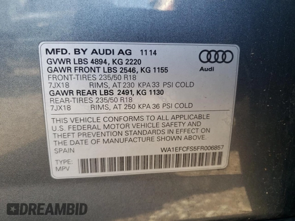 2015 Audi Q3 2.0T Premium Plus with VIN WA1EFCFS5FR006857, listed as a Copart auction lot 48909463 with 103,183 mi miles. Bid and sale history available at carsss.com. Image 12.