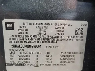 2013 GMC Terrain SLE z VIN 2GKALSEK8D6269561, wystawiony jako Copart lot #85275764 z przebiegiem Nie podano mil oraz Szkoda całkowita • Salvage title. Historia ofert i sprzedaży dostępna na DreamBid. Obrazek 14.