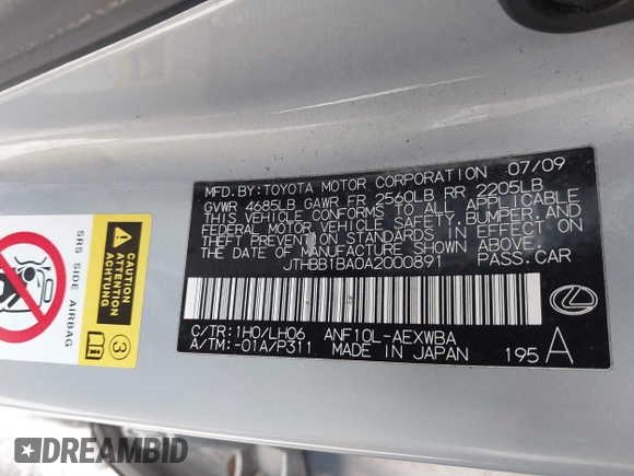 2010 Lexus HS 250h with VIN JTHBB1BA0A2000891, listed as a IAAI auction lot 41565585 with Not Provided miles and . Bid and sale history available at DreamBid. Image 9.