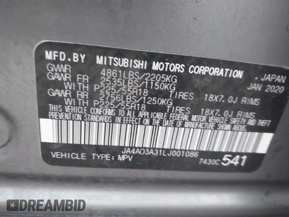 2020 Mitsubishi Outlander SE z VIN JA4AD3A31LJ001086, wystawiony jako IAAI lot #42170611 z przebiegiem 88 367 mil mil oraz . Historia ofert i sprzedaży dostępna na DreamBid. Obrazek 9.