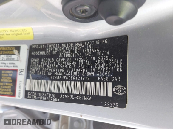 2014 Toyota Camry L with VIN 4T4BF1FK0ER421918, listed as a IAAI auction lot 42027646 with 152,088 mi miles and . Bid and sale history available at DreamBid. Image 9.