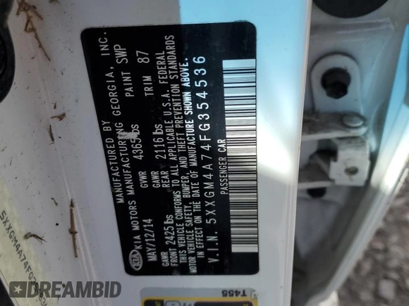 2015 Kia Optima LX with VIN 5XXGM4A74FG354536, listed as a Copart auction lot 52015025 with 26,191 mi miles and Salvage Title. Bid and sale history available at carsss.com. Image 14.