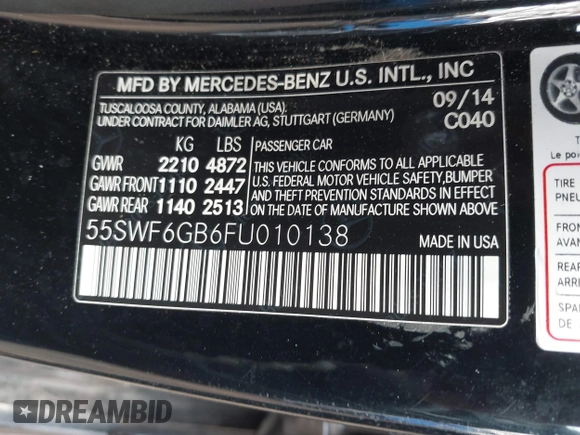 2015 Mercedes-Benz C-Class C 400 with VIN 55SWF6GB6FU010138, listed as a IAAI auction lot 41698016 with 150,824 mi miles. Bid and sale history available at carsss.com. Image 9.