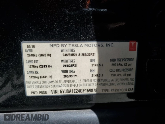 2016 Tesla Model S 90D with VIN 5YJSA1E24GF159878, listed as a Copart auction lot 53919215 with Not Provided miles and Clean Title. Bid and sale history available at DreamBid. Image 12.