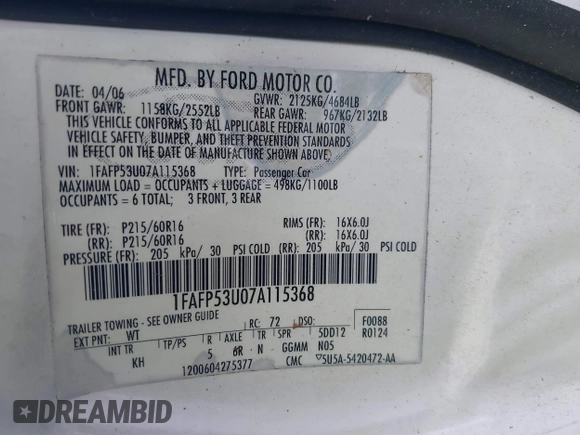 2007 Ford Taurus SE with VIN 1FAFP53U07A115368, listed as a IAAI auction lot 42290697 with 206,884 mi miles and . Bid and sale history available at DreamBid. Image 9.