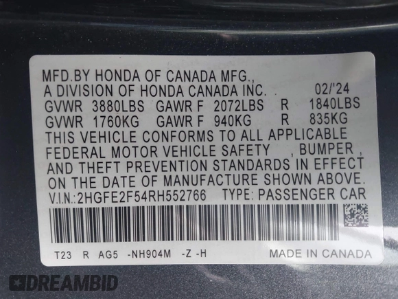 2024 Honda Civic Sport with VIN 2HGFE2F54RH552766, listed as a IAAI auction lot 41953497 with 12,467 mi miles and . Bid and sale history available at DreamBid. Image 9.