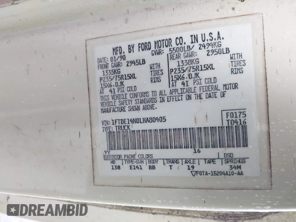 1990 Ford Econoline Cargo with VIN 1FTDE14N0LHA80405, listed as a IAAI auction lot 41824747 with 91,278 mi miles and . Bid and sale history available at DreamBid. Image 9.