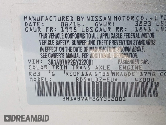 2016 Nissan Sentra SV with VIN 3N1AB7AP2GY322001, listed as a IAAI auction lot 42006963 with 60,250 mi miles and . Bid and sale history available at DreamBid. Image 9.