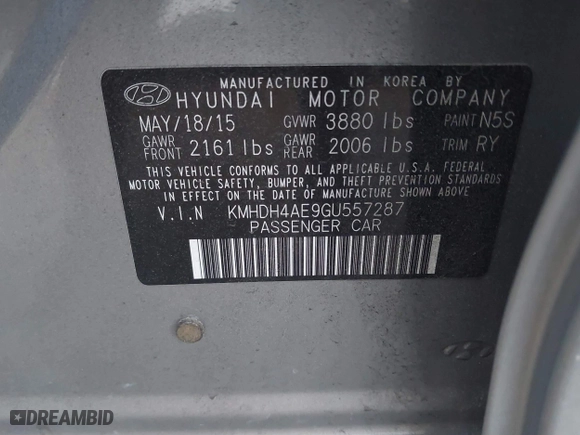 2016 Hyundai Elantra SE with VIN KMHDH4AE9GU557287, listed as a IAAI auction lot 41795124 with 112,140 mi miles. Bid and sale history available at carsss.com. Image 9.
