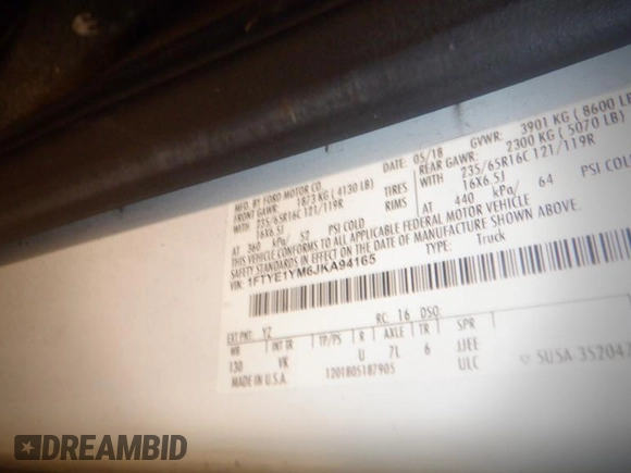 2018 Ford Transit с VIN 1FTYE1YM6JKA94165, выставлен на аукционе IAAI как лот 42844332 с пробегом 182 647 миль миль и . История ставок и продаж доступна на DreamBid. Изображение 20.