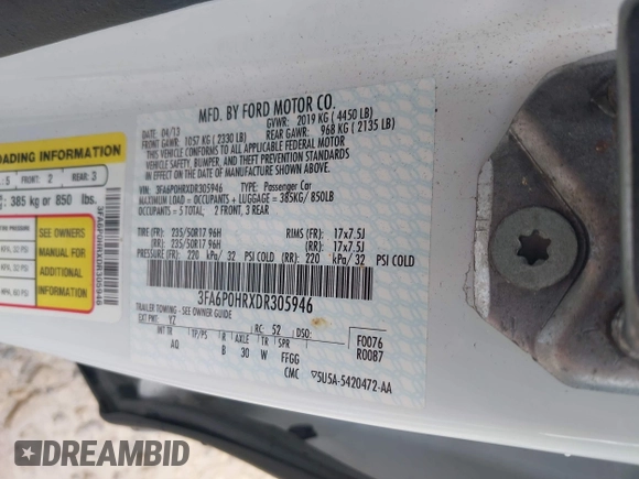 2013 Ford Fusion SE with VIN 3FA6P0HRXDR305946, listed as a IAAI auction lot 42449481 with 109,172 mi miles and . Bid and sale history available at DreamBid. Image 9.
