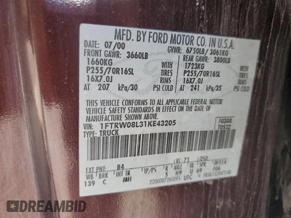 2001 Ford F-150 XLT with VIN 1FTRW08L31KE43205, listed as a Copart auction lot 56141495 with Not provided miles and Non repairable. Bid and sale history available at DreamBid. Image 12.