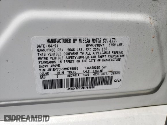 2021 Infiniti Q50 Signature Edition with VIN JN1EV7CR5MM755866, listed as a Copart auction lot 53243505 with Not provided miles and Salvage title. Bid and sale history available at DreamBid. Image 15.