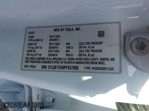 2023 Tesla Model 3 with VIN 5YJ3E1EA9PF557880, listed as a IAAI auction lot 42481413 with 40,582 mi miles and . Bid and sale history available at DreamBid. Image 9.