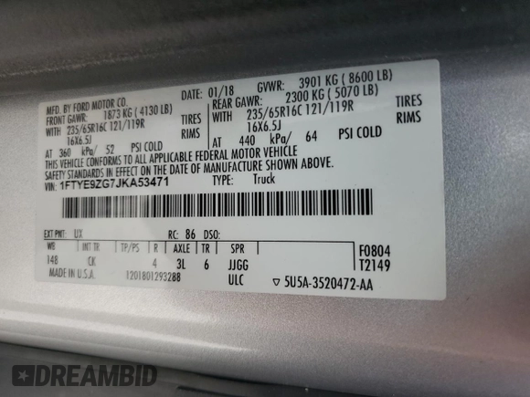 2018 Ford Transit with VIN 1FTYE9ZG7JKA53471, listed as a Copart auction lot 76933234 with 78,295 mi miles and Salvage title. Bid and sale history available at DreamBid. Image 14.