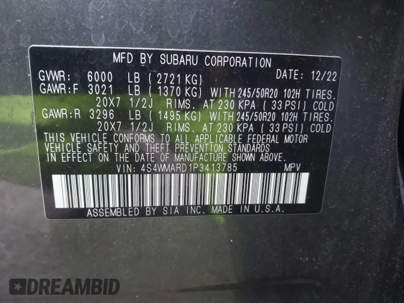 2023 Subaru Ascent Limited z VIN 4S4WMARD1P3413785, wystawiony jako IAAI lot #41723823 z przebiegiem 17 160 mil mil oraz . Historia ofert i sprzedaży dostępna na DreamBid. Obrazek 9.