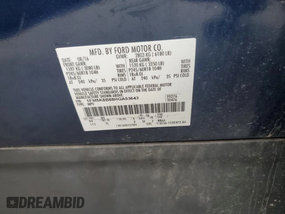 2017 Ford Explorer z VIN 1FM5K8B88HGA53643, wystawiony jako Copart lot #56831395 z przebiegiem 168 714 mil mil oraz Szkoda całkowita • Salvage title. Historia ofert i sprzedaży dostępna na DreamBid. Obrazek 13.