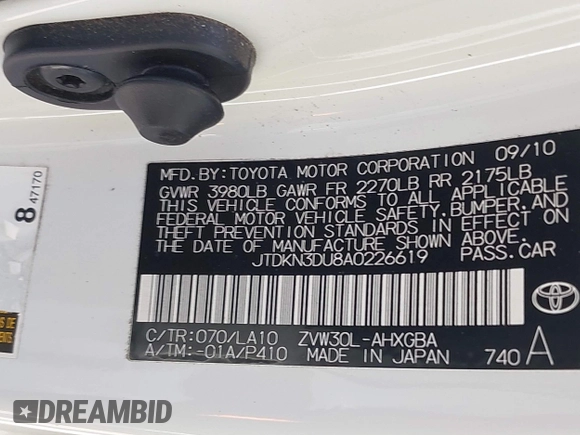 2010 Toyota Prius II z VIN JTDKN3DU8A0226619, wystawiony jako IAAI lot #42303693 z przebiegiem 123 068 mil mil oraz . Historia ofert i sprzedaży dostępna na DreamBid. Obrazek 9.