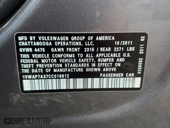 2012 Volkswagen Passat S with VIN 1VWAP7A37CC018612, listed as a Copart auction lot 57418075 with 102,005 mi miles and Salvage title. Bid and sale history available at DreamBid. Image 12.