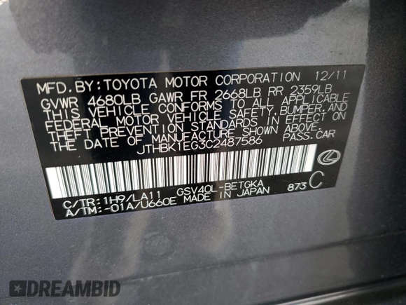 2012 Lexus ES 330 with VIN JTHBK1EG3C2487586, listed as a Copart auction lot 59581265 with 93,855 mi miles and Salvage title. Bid and sale history available at DreamBid. Image 12.