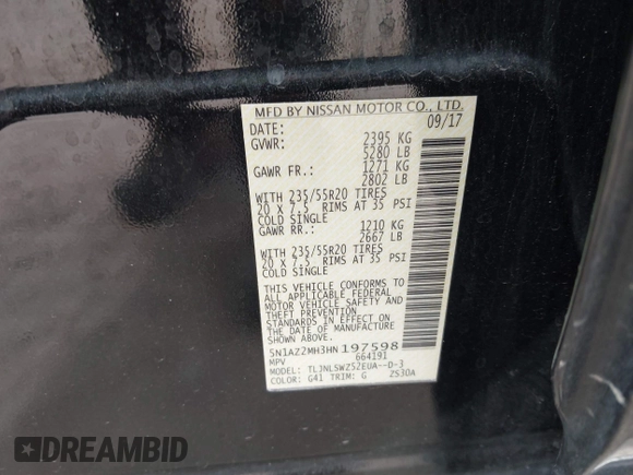 2017 Nissan Murano SL with VIN 5N1AZ2MH3HN197598, listed as a IAAI auction lot 42299880 with 63,788 mi miles and . Bid and sale history available at DreamBid. Image 9.